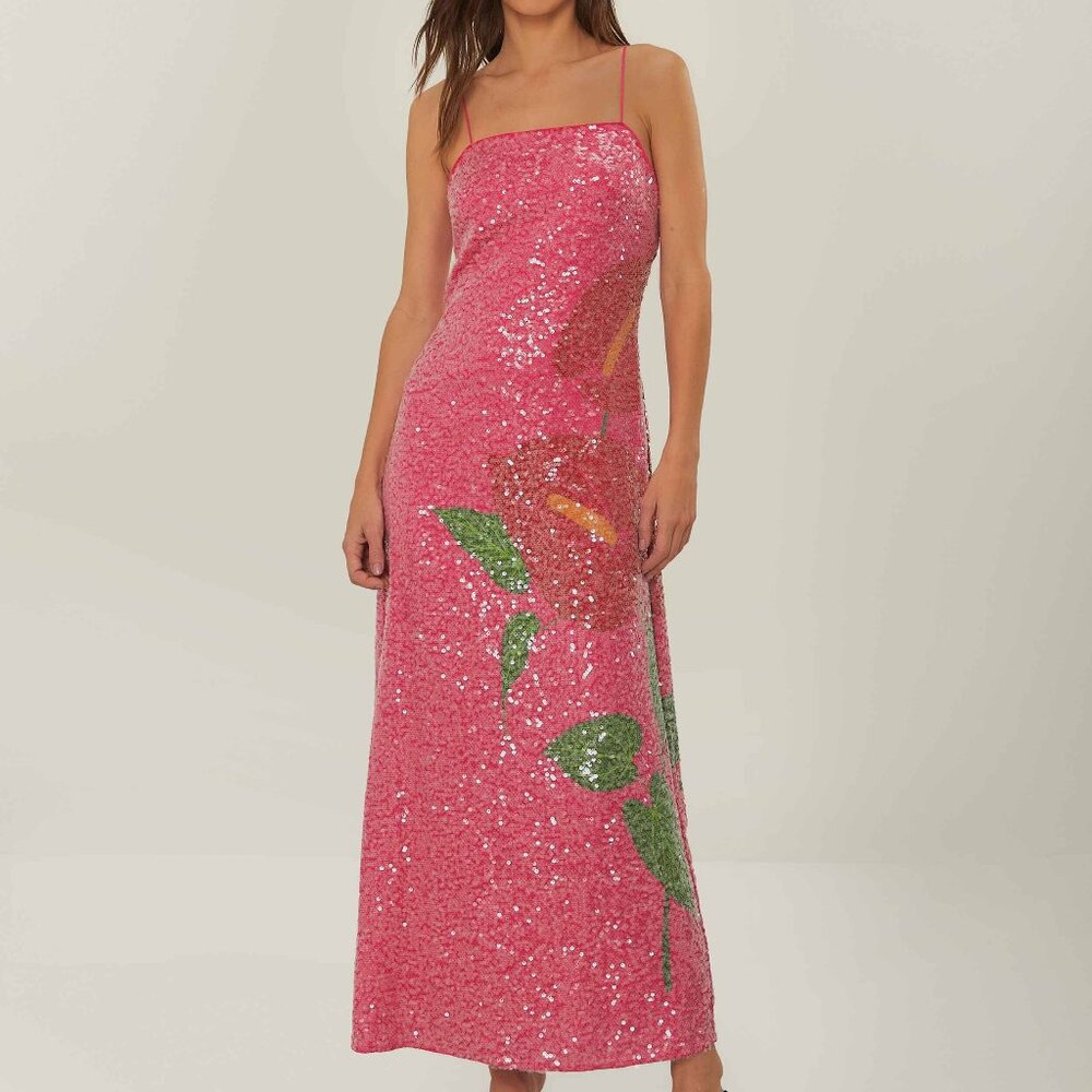 FARM Rio Pink Anthurium Flowers Slip Maxi Dress Size L